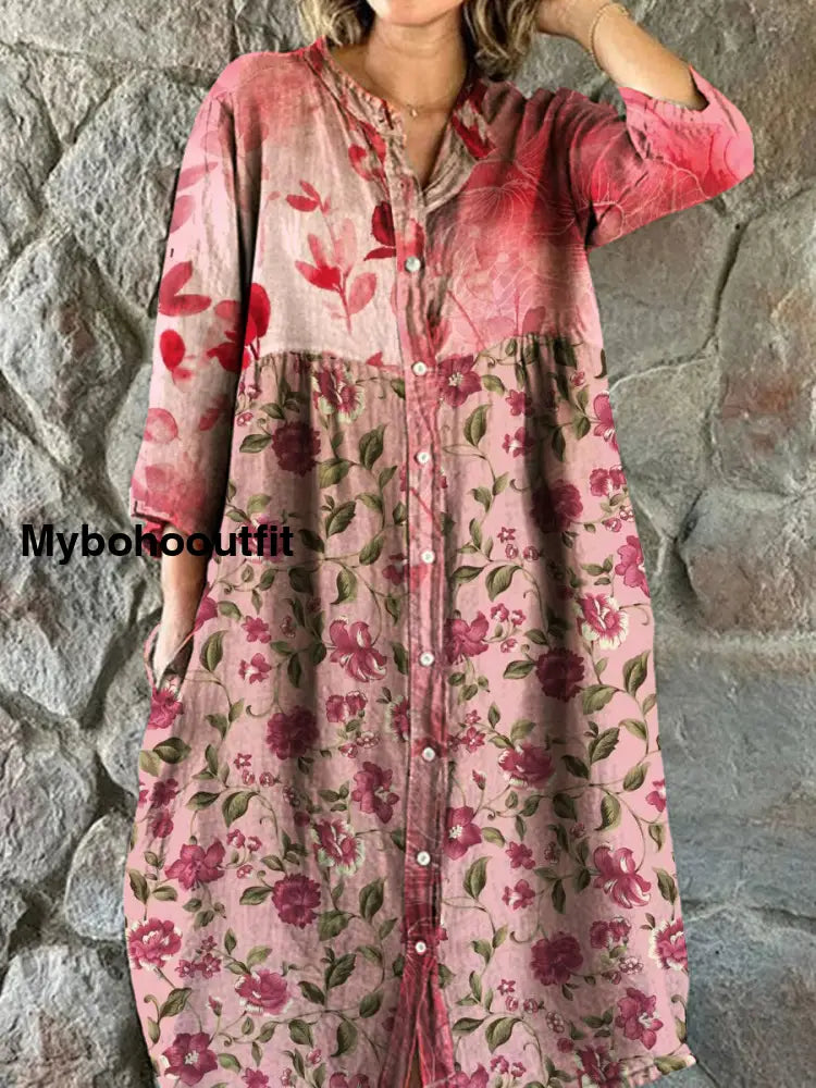 Vintage Bohemian Floral Art Print Chic V Neck Three Quarter Sleeve Button Elegant Midi Dress A / S