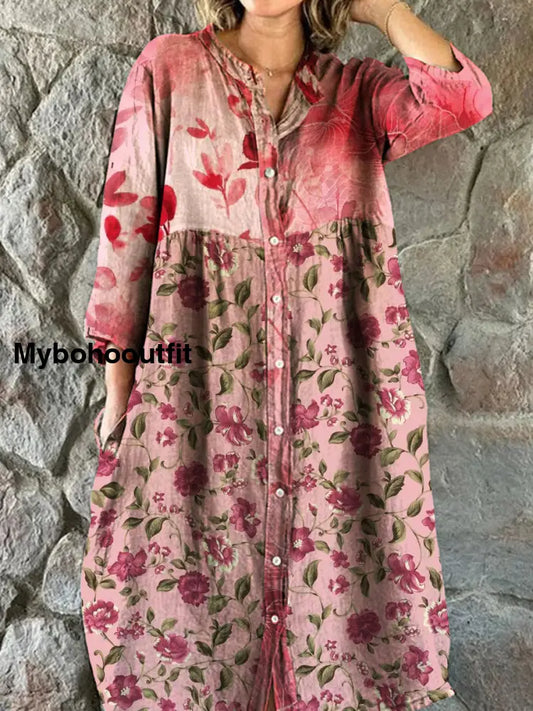 Vintage Bohemian Floral Art Print Chic V Neck Three Quarter Sleeve Button Elegant Midi Dress A / S