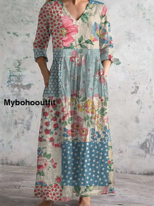 Vintage Bohemian Floral Art Print Chic V Neck Three Quarter Sleeves Elegant Midi Dress A / S