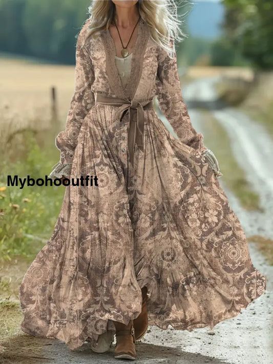 Vintage Bohemian Floral Art Print Retro Chic Lace-up V-neck Cotton Long Sleeve Midi Dress A / S