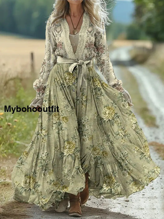 Vintage Bohemian Floral Art Print Retro Chic Lace-up V-neck Cotton Long Sleeve Midi Dress A / S