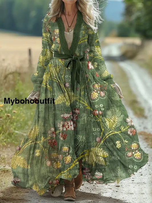 Vintage Bohemian Floral Art Print Retro Chic Lace-Up V-Neck Cotton Long Sleeve Midi Dress A / S