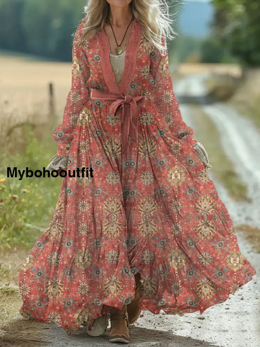 Vintage Bohemian Floral Art Print Retro Chic Lace-Up V-Neck Cotton Long Sleeve Midi Dress A / S