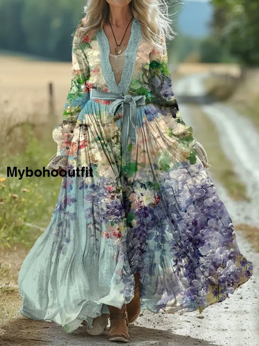Vintage Bohemian Floral Art Print Retro Chic Lace-Up V-Neck Cotton Long Sleeve Midi Dress A / S