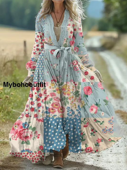 Vintage Bohemian Floral Art Print Retro Chic Lace-up V-neck Cotton Long Sleeve Midi Dress A / S