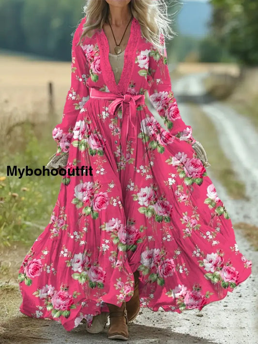 Vintage Bohemian Floral Art Print Retro Chic Lace-up V-neck Cotton Long Sleeve Midi Dress A / S