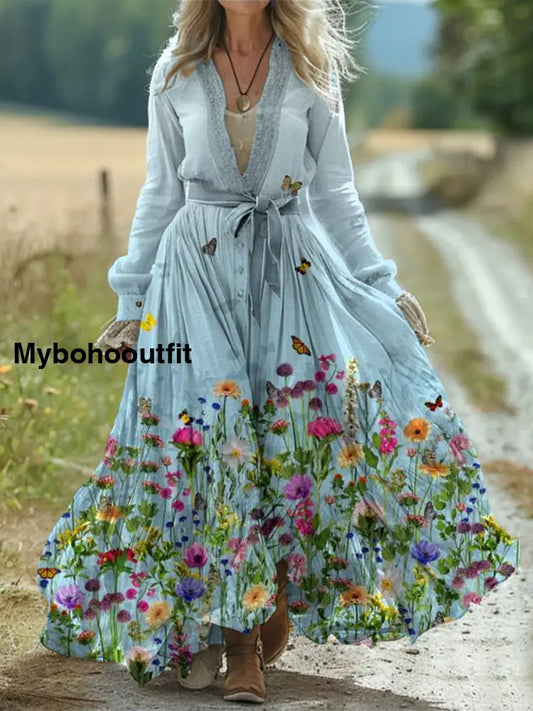 Vintage Bohemian Floral Art Print Retro Chic Lace-Up V-Neck Cotton Long Sleeve Midi Dress A / S