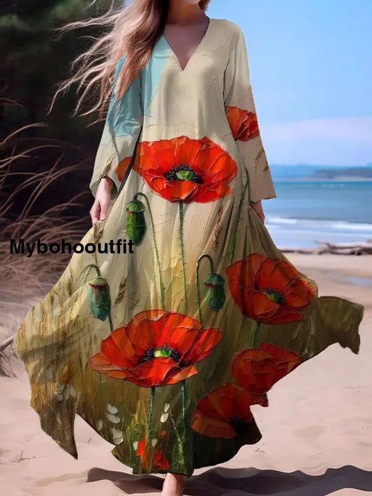 Vintage Bohemian Floral Print Vintage Chic V-Neck Cotton Long Sleeve Midi Dress A / S