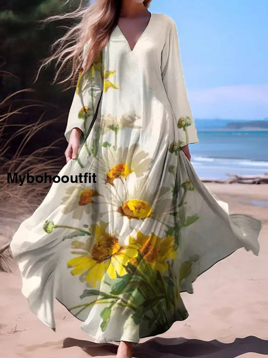 Vintage Bohemian Floral Print Vintage Chic V-Neck Cotton Long Sleeve Midi Dress A / S