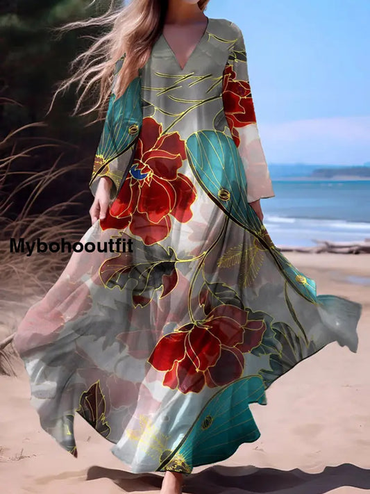 Vintage Bohemian Floral Print Vintage Chic V-Neck Cotton Long Sleeve Midi Dress A / S