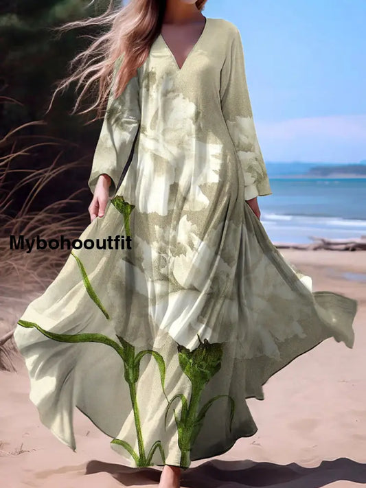 Vintage Bohemian Floral Print Vintage Chic V-Neck Cotton Long Sleeve Midi Dress A / S