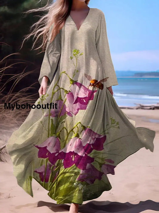 Vintage Bohemian Floral Print Vintage Chic V-Neck Cotton Long Sleeve Midi Dress A / S