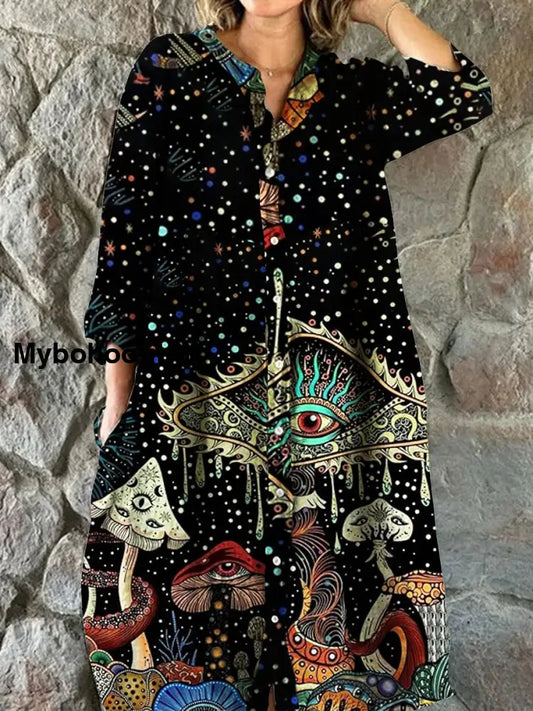 Vintage Bohemian Mushroom Floral Art Print Chic V Neck Three Quarter Sleeve Button Elegant Midi Dress A / S