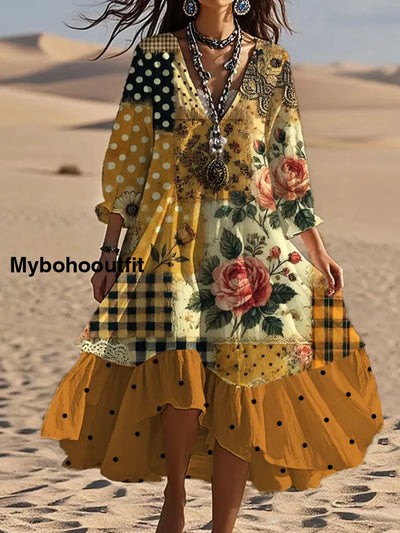 Vintage Bohemian V-Shaped Floral Art Print Casual Elegant Fashion Double Dress A / S