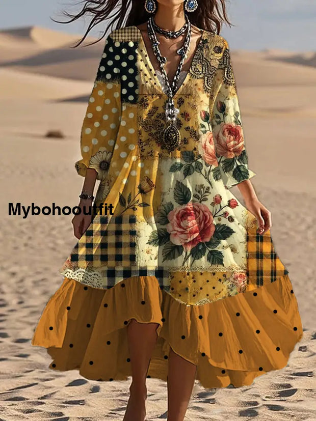 Vintage Bohemian V-Shaped Floral Art Print Casual Elegant Fashion Double Dress A / S