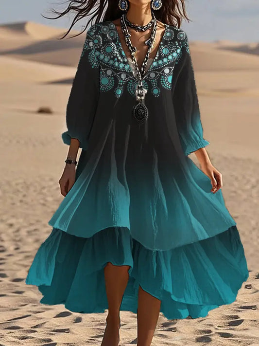Vintage Bohemian V-Shaped Floral Art Print Casual Elegant Fashion Double Dress A / S