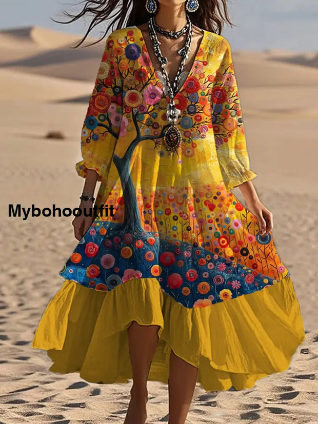 Vintage Bohemian V-Shaped Floral Art Print Casual Elegant Fashion Double Dress A / S