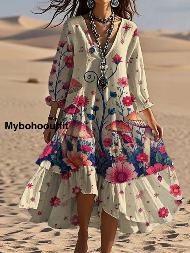 Vintage Bohemian V-Shaped Floral Art Print Casual Elegant Fashion Double Dress A / S