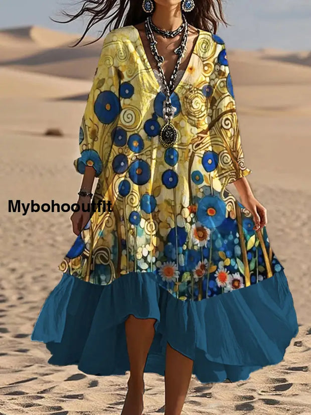 Vintage Bohemian V-Shaped Floral Art Print Casual Elegant Fashion Double Dress A / S