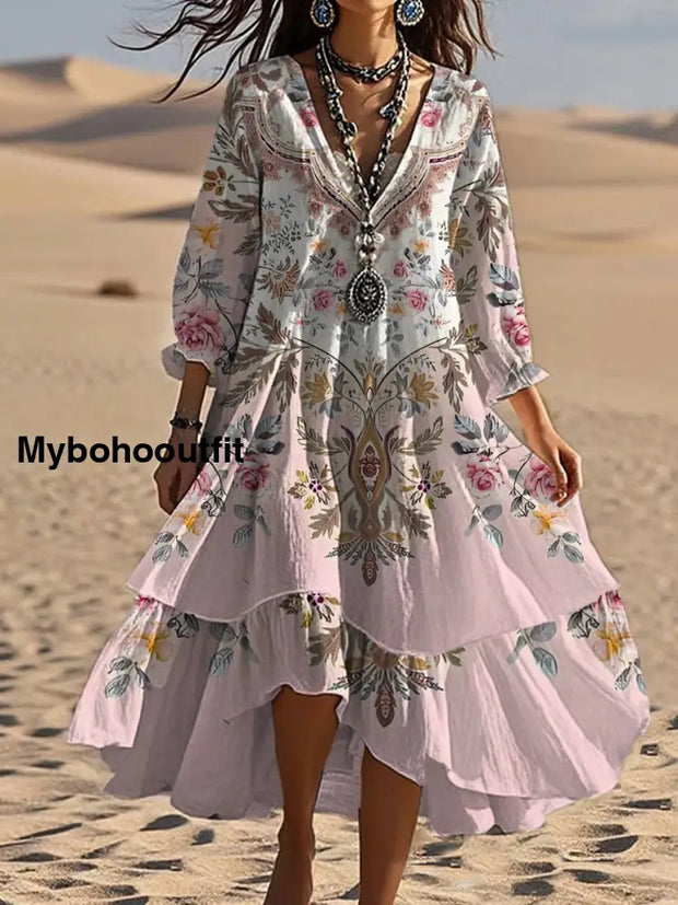 Vintage Bohemian V-Shaped Floral Art Print Casual Elegant Fashion Double Dress A / S