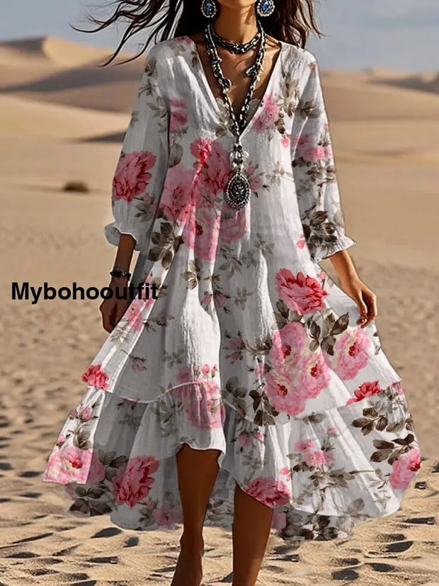 Vintage Bohemian V-Shaped Floral Art Print Casual Elegant Fashion Double Dress A / S