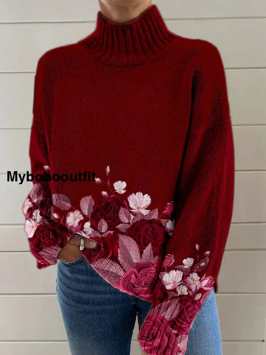 Vintage Boho Floral Patchwork Print Knit Turtleneck Pullover Long-Sleeved Sweater A / S
