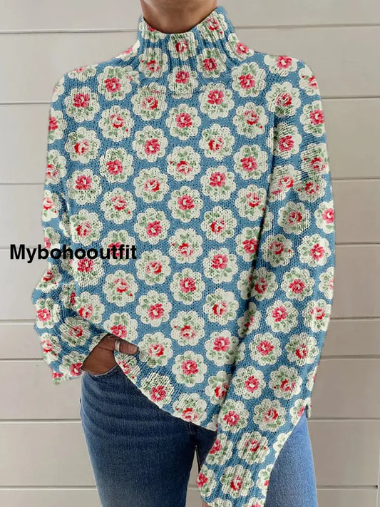 Vintage Boho Floral Patchwork Print Knit Turtleneck Pullover Long-Sleeved Sweater A / S