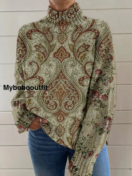 Vintage Boho Floral Patchwork Print Knit Turtleneck Pullover Long-Sleeved Sweater A / S