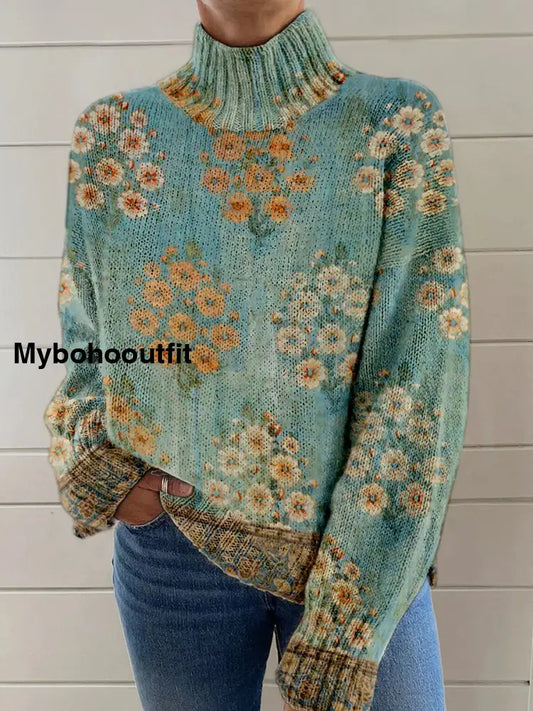 Vintage Boho Floral Patchwork Print Knit Turtleneck Pullover Long-Sleeved Sweater A / S
