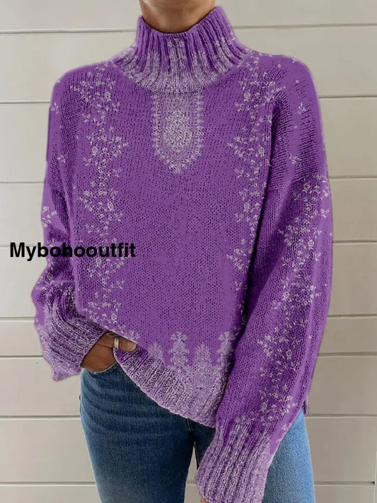 Vintage Boho Floral Patchwork Print Knit Turtleneck Pullover Long-Sleeved Sweater A / S