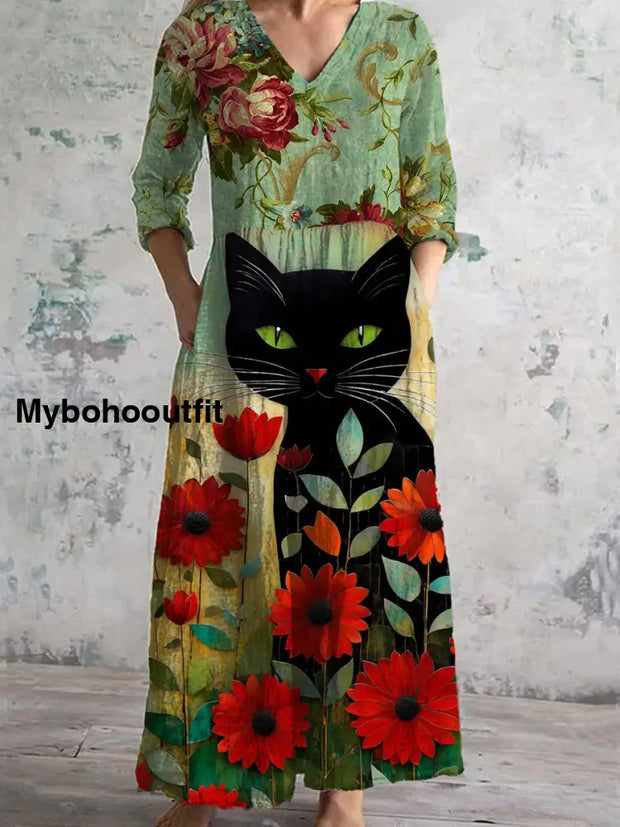 Vintage Cat Art Print Chic V-Neck Three-Quarter Sleeve Elegant Midi Dress A / S