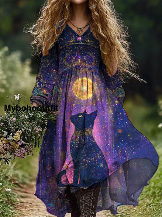 Vintage Cat Art Print V Neck Elegant Chic Loose Long Sleeve Midi Dress A / S