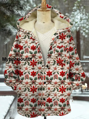 Vintage Christmas Art Print Plush Thick Long Sleeve Hooded Jacket