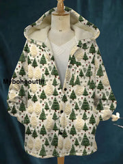 Vintage Christmas Art Print Plush Thick Long Sleeve Hooded Jacket