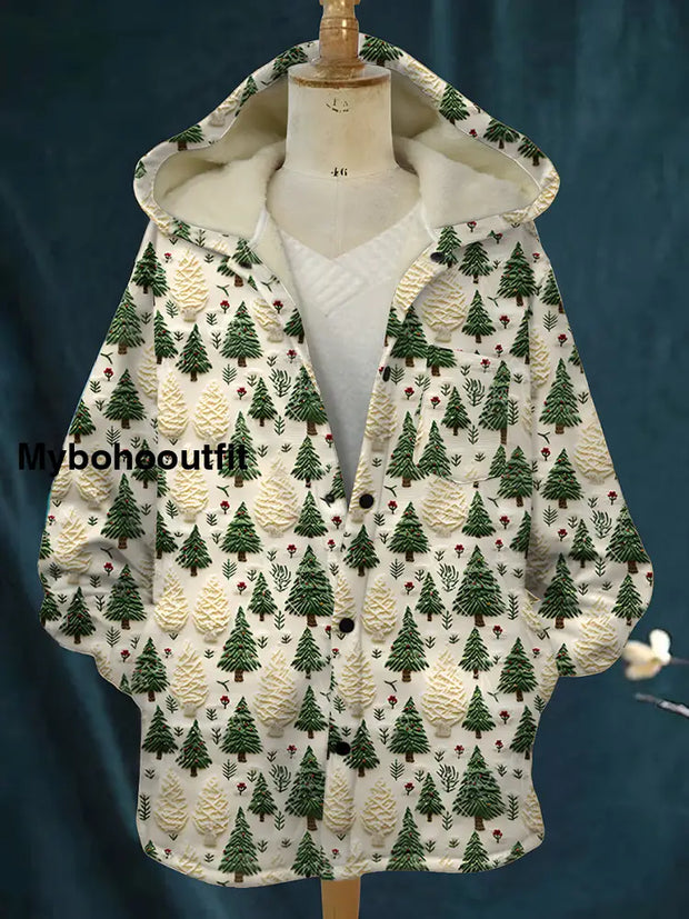 Vintage Christmas Art Print Plush Thick Long Sleeve Hooded Jacket