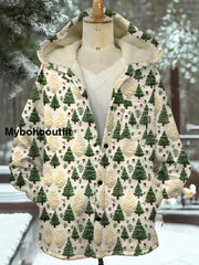 Vintage Christmas Art Print Plush Thick Long Sleeve Hooded Jacket A / S