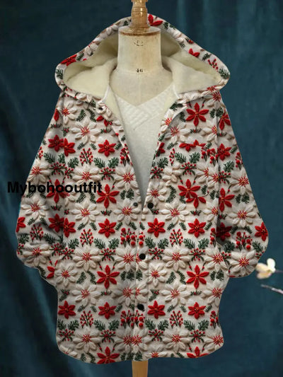 Vintage Christmas Art Print Plush Thick Long Sleeve Hooded Jacket A / S