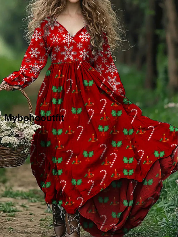 Vintage Christmas Art Print V-Neck Elegant Chic Loose Long Sleeve Midi Dress A / S