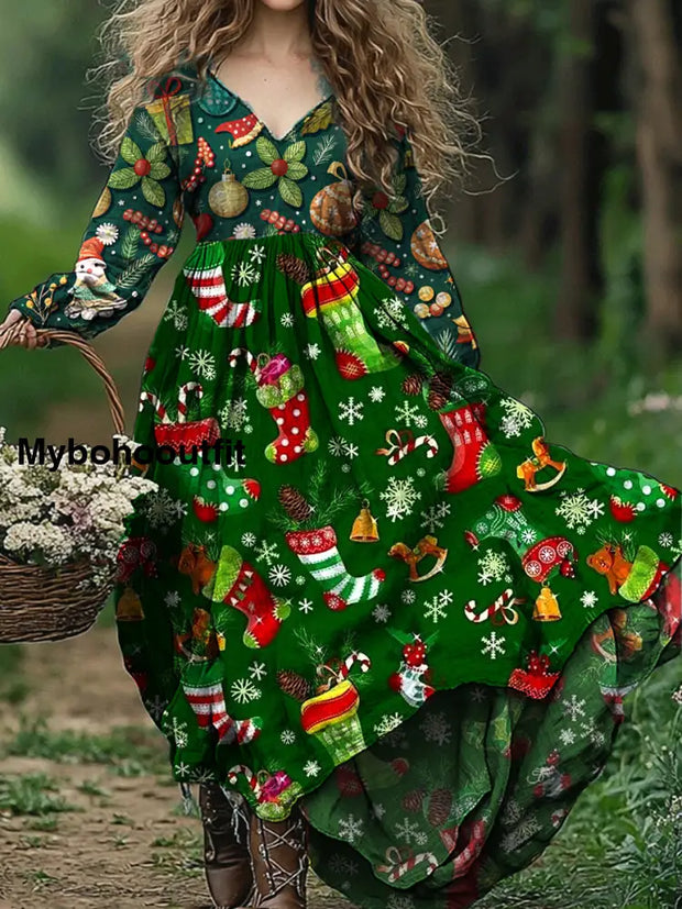 Vintage Christmas Art Print V-Neck Elegant Chic Loose Long Sleeve Midi Dress A / S