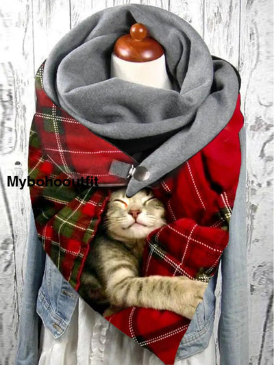 Vintage Christmas Cat Art Print Casual Scarf A / Jm