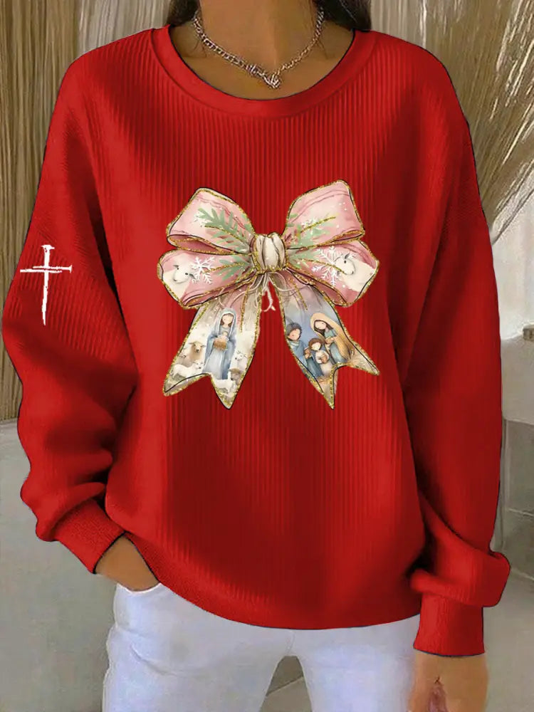 Vintage Christmas Faith Jesus Bow Printed Casual Loose Long Sleeve Sweatshirt Red / S