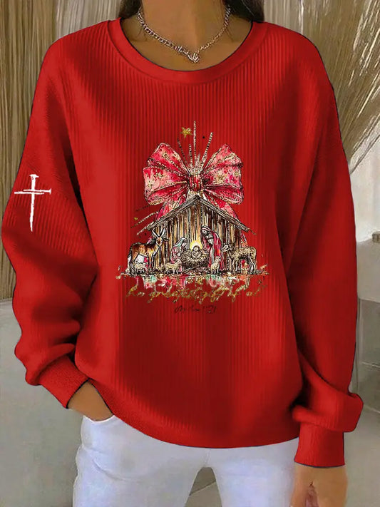 Vintage Christmas Faith Jesus Church Printed Casual Loose Long Sleeve Sweatshirt Red / S