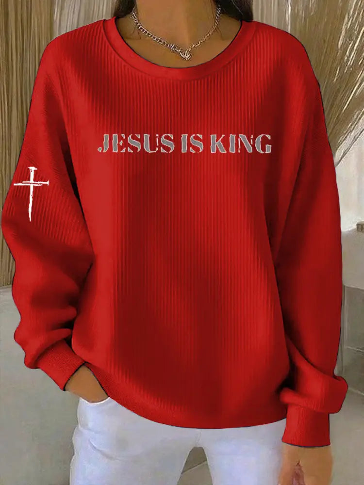 Vintage Christmas Faith Jesus Printed Casual Loose Long Sleeve Sweatshirt Red / S