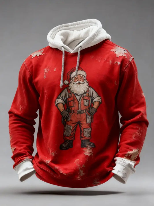 Vintage Christmas Santa Claus Distressed Patchwork Print Casual Long Sleeve Hooded Sweatshirt Red / S