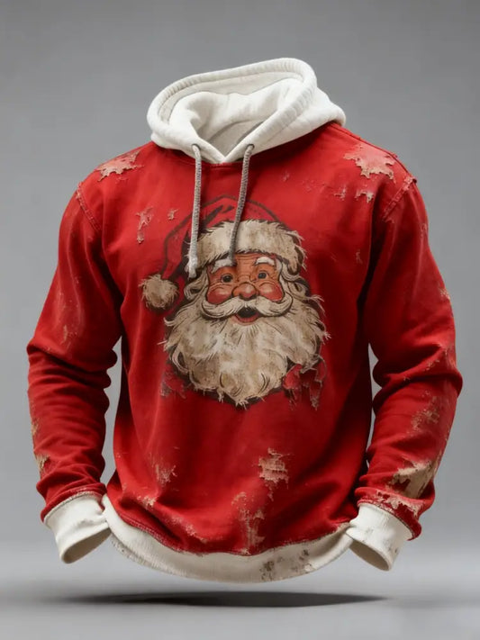 Vintage Christmas Santa Claus Distressed Patchwork Print Casual Long Sleeve Hooded Sweatshirt Red / S