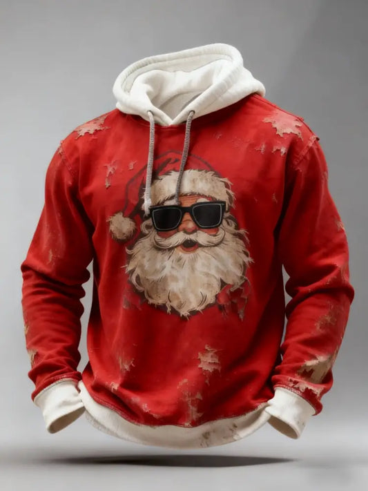 Vintage Christmas Sunglasses Santa Claus Distressed Patchwork Print Casual Long Sleeve Hooded Sweatshirt Red / S