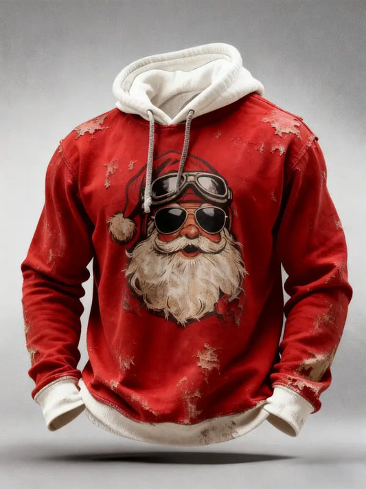Vintage Christmas Sunglasses Santa Claus Distressed Patchwork Print Casual Long Sleeve Hooded Sweatshirt Red / S