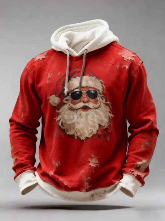 Vintage Christmas Sunglasses Santa Claus Distressed Patchwork Print Casual Long Sleeve Hooded Sweatshirt Red / S