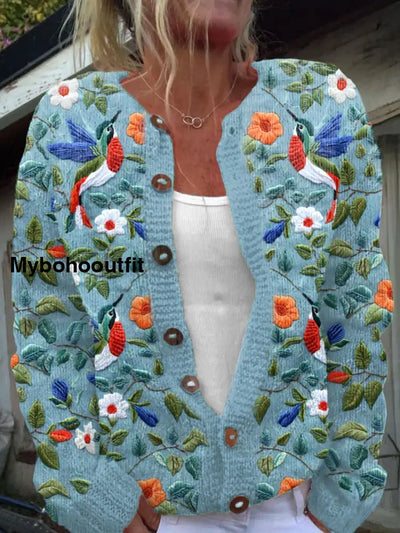 Vintage Elegant Floral Bird Art Print Chic Button Thick Long Sleeve Cardigan Sweater A / S