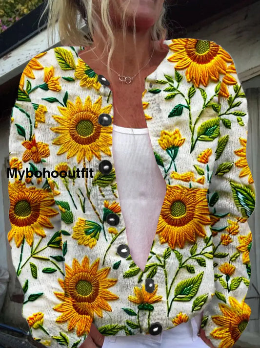 Vintage Elegant Floral Print Chic Button Thick Long Sleeve Cardigan Sweater A / S